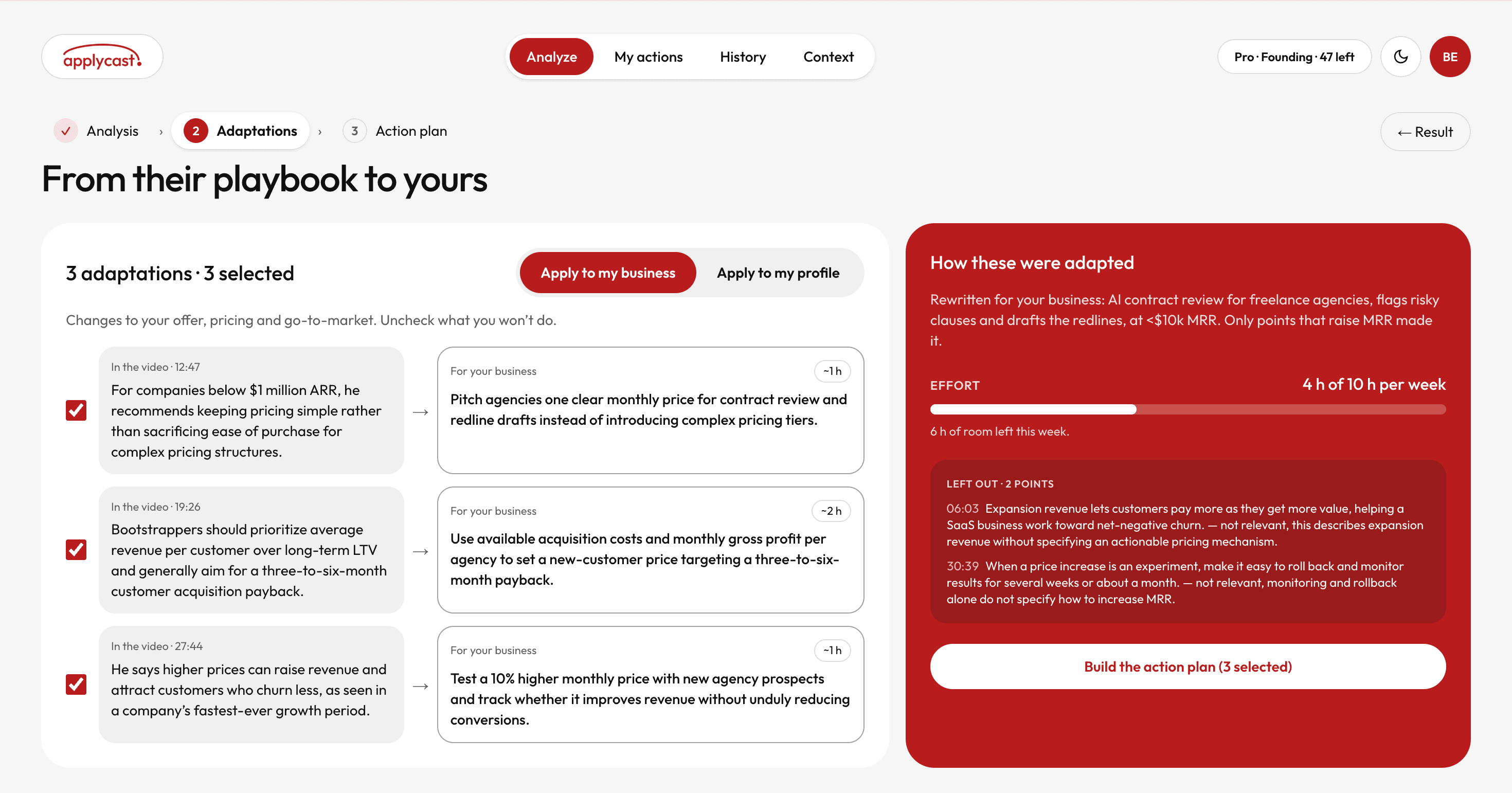 The Applycast adaptations screen: each point from the video on the left, turned into an action for your business on the right, with the effort it takes.
